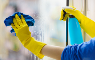 Gloved hand cleaning window rag and spray.